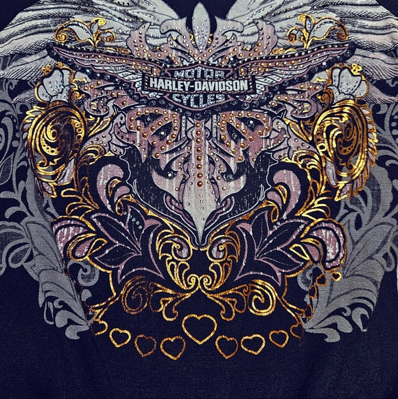 Harley Davidson Dual Layered Cold Shoulder Metallic Graphic Tee With Stones XS - Picture 2 of 4